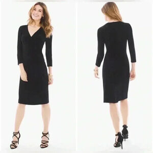 Chicos Travelers 2 Faux Wrap Dress Size Large Black Knit V-neck 3/4 Sleeves